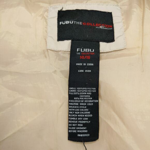 FUBU The Collection Down Puffer Coat Jacket Size 14/16 Cream Hooded Logo - Picture 12 of 12